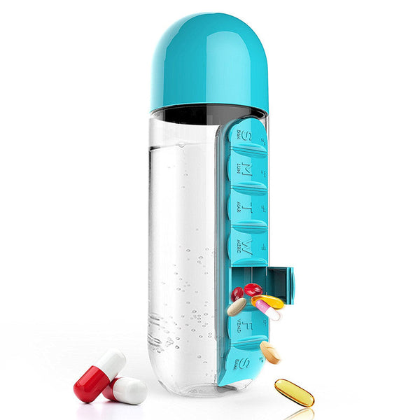 HELLOYOUNG 600ML Plastic BPA Free Water Bottle Daily Pill Box Organizer Drinking Bottles