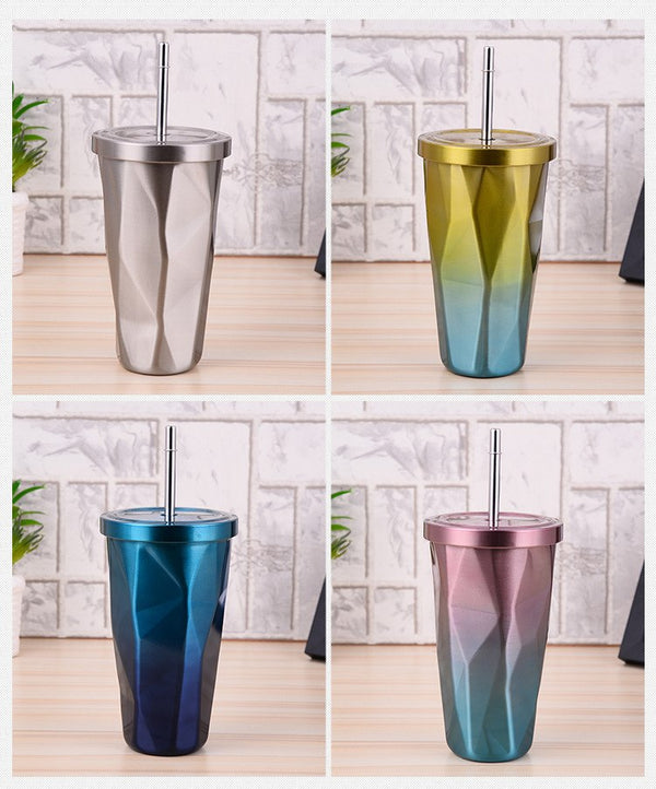 Coffee Mug With Straws Cup 500ml Creative Double Wall Stainless Steel Gradient Diamond Shaped Vacuum Insulation Bottle Tour