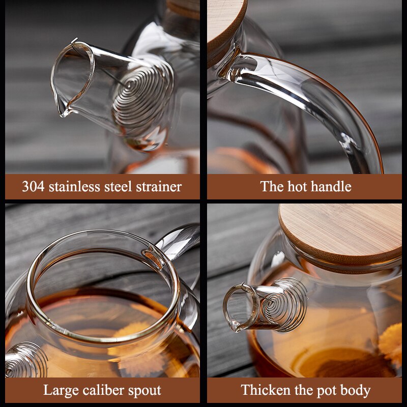 1L/1.6L Big Transparent Borosilicate Glass Teapot Heat-Resistant Large Clear Tea Pot Flower Tea Set Puer Kettle Office Home Tool