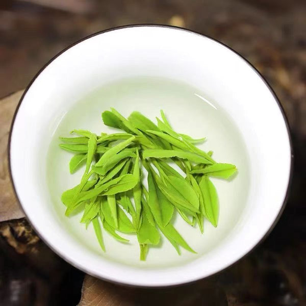Golden green tea liquor of brewed Huangshan Maofeng green tea showing fresh aroma and smooth refreshing taste