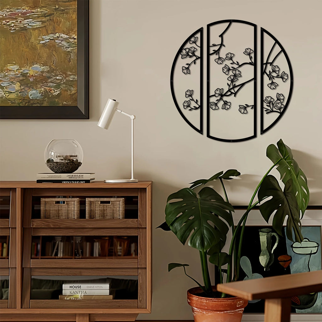 3pcs/set Ginkgo Metal Wall Art Decor, Black Simple Line Round Wall Art Sculpture, Suitable for Bedroom Kitchen Wall Decor