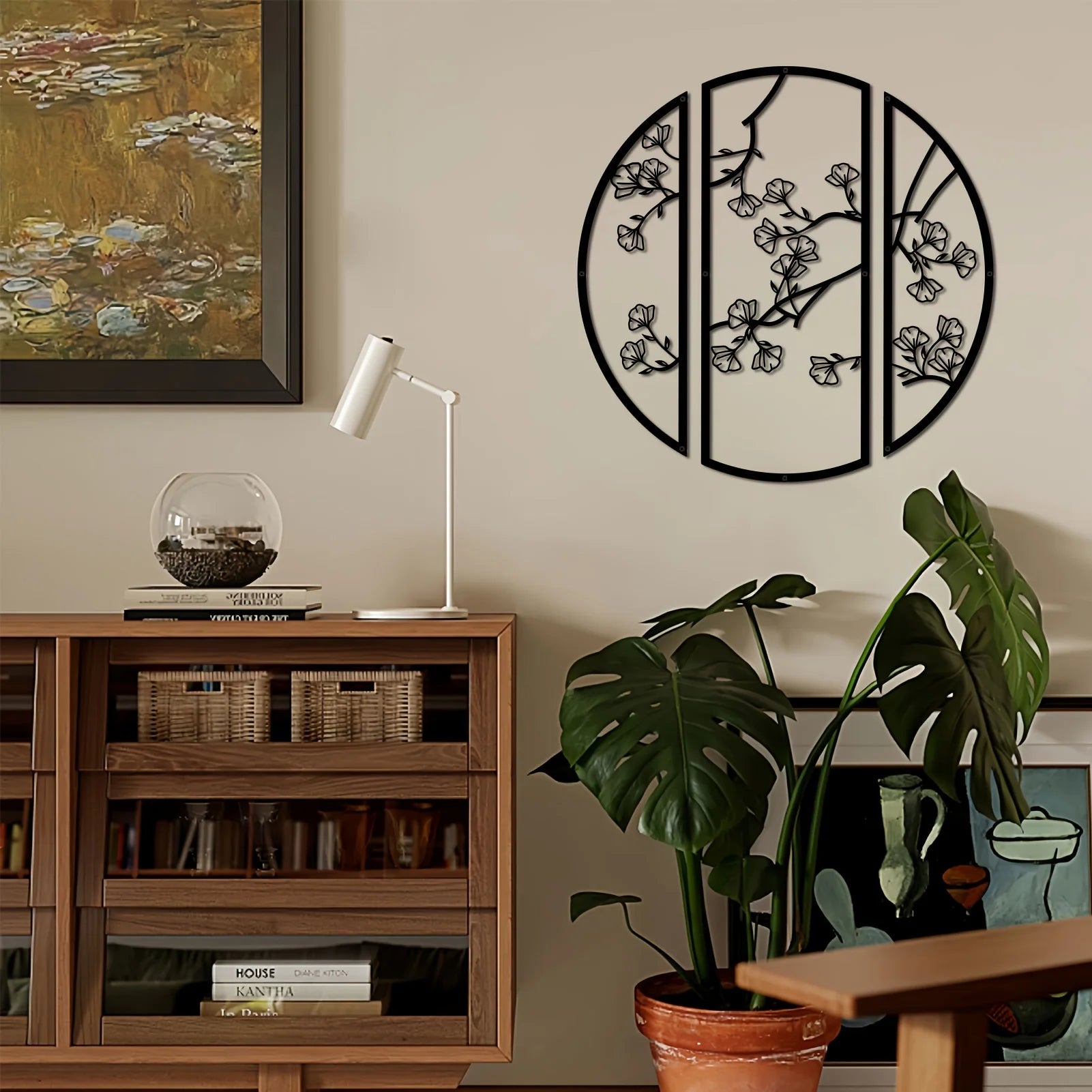 3pcs/set Ginkgo Metal Wall Art Decor, Black Simple Line Round Wall Art Sculpture, Suitable for Bedroom Kitchen Wall Decor Main image