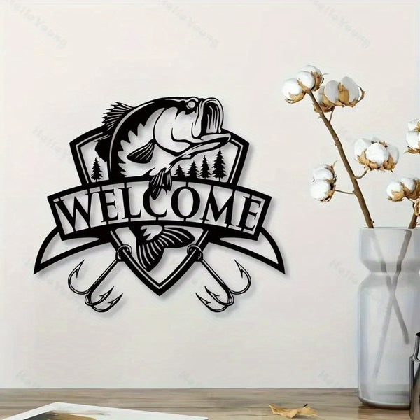 CIFbuy™ Artisanal Exceptional Fishing-Themed Metal Sign - Handcrafted Welcome Bass Design, Rustic Fishermen's Gift for Cabin Decor