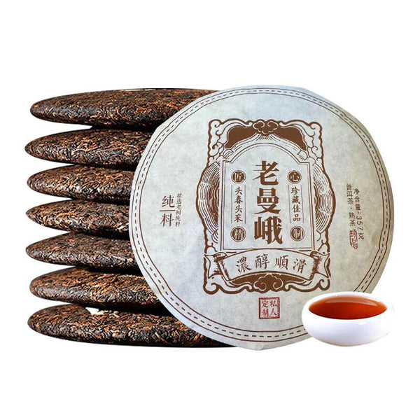 HelloYoungTea Lao Man'e Ripe Pu-erh Tea, Yunnan 7-Press Cake, Bulang Mountain, Ancient Tree