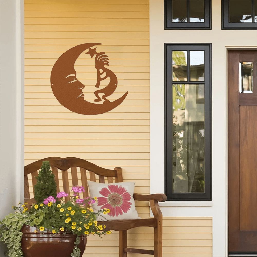 Unique Metal Wall Sculptures: Moon and Kokopelli - inspired Steel Sign, Ideal for Outdoor Areas to Add a Modern and Stylish Touch.