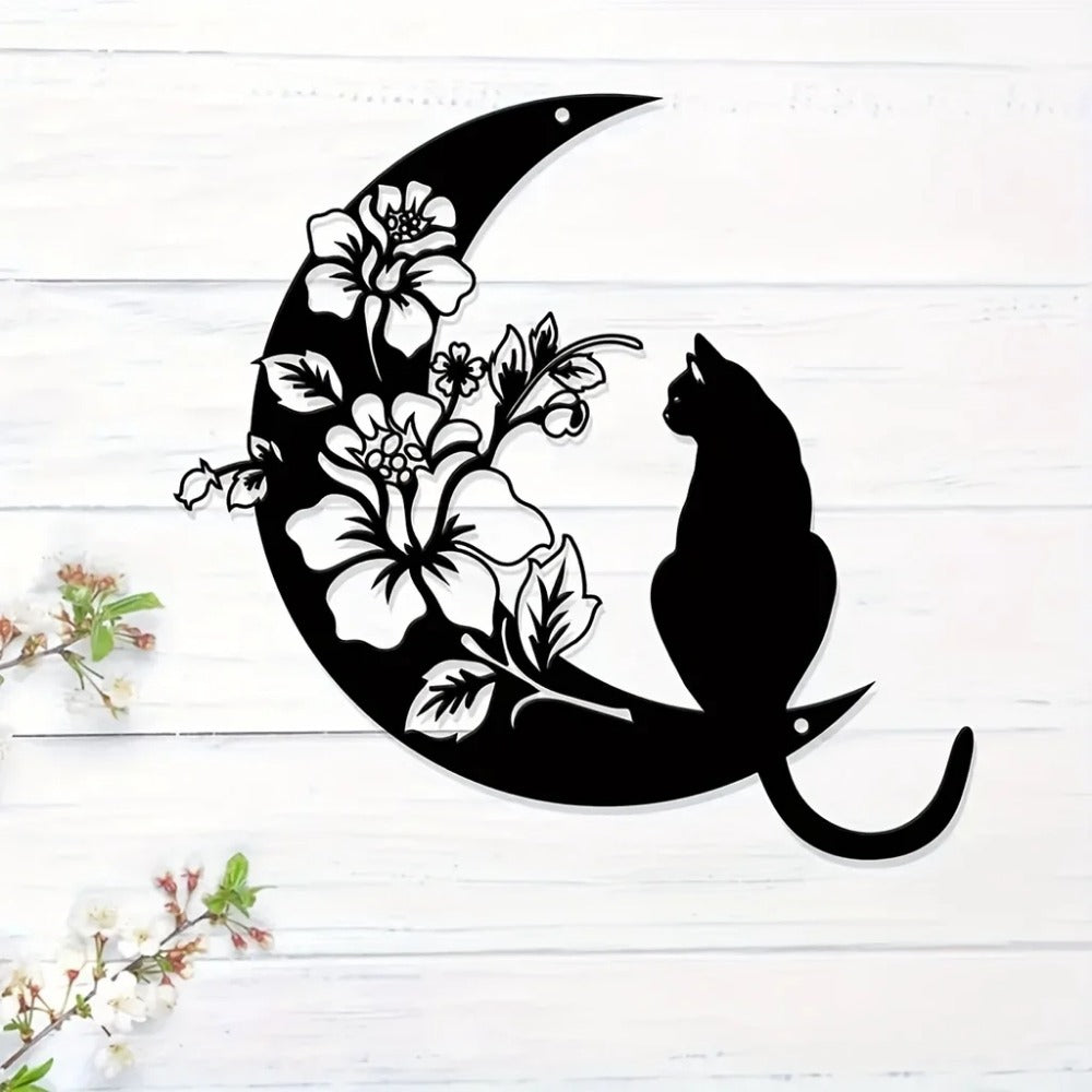 CIFbuy™ Alluring Metal Wall Ornaments - Mystical Black Cat & Celestial Moon with Intricate Moonflower Design, Perfect for Moon-Themed Wall Decor, Elevates Decor to Next Level, Iron Wall Sculptures.
