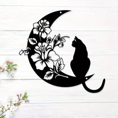 CIFbuy™ Alluring Metal Wall Ornaments - Mystical Black Cat & Celestial Moon with Intricate Moonflower Design, Perfect for Moon-Themed Wall Decor, Elevates Decor to Next Level, Iron Wall Sculptures.