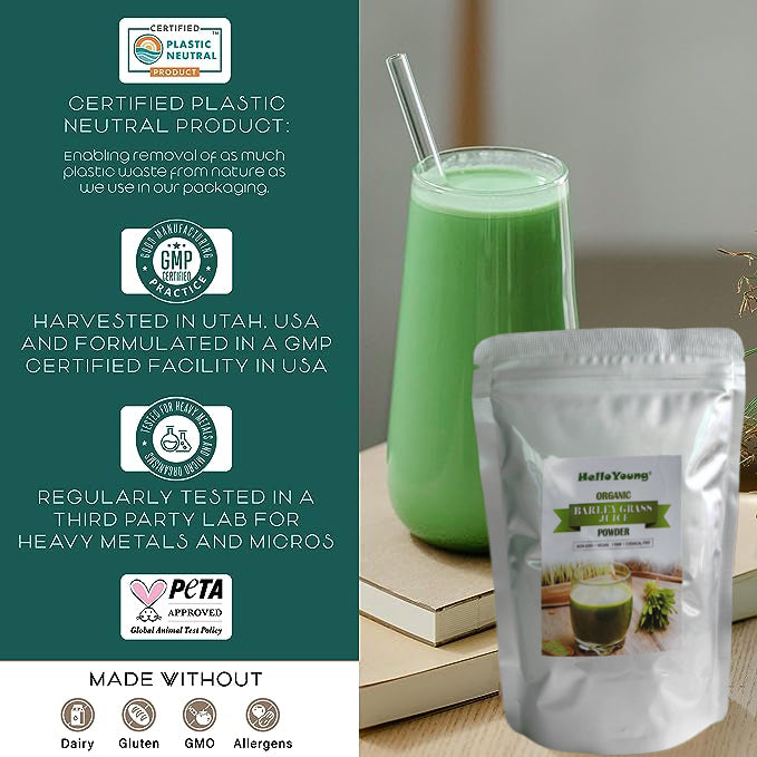 HelloYoung Barley grass official store Organic Barley Grass Powder original 250g Juice Powder Chlorophyll & Trace Minerals No Maltodextrin & Sugar