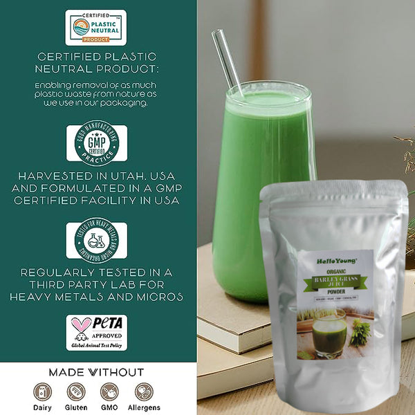 HelloYoung Organic Barley Grass Powder original 250g moistening intestines, Non-GMO Rich in Immune Vitamin, Fibers, Minerals, Antioxidants and Protein