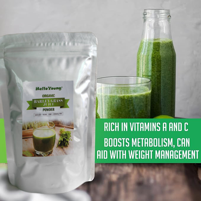 HelloYoung Organic Barley Grass Juice Powder Super Greens Powder Contains Iron Vitamin C, & Vitamin E – Non-GMO Gluten-Free Soy-Free Vegan