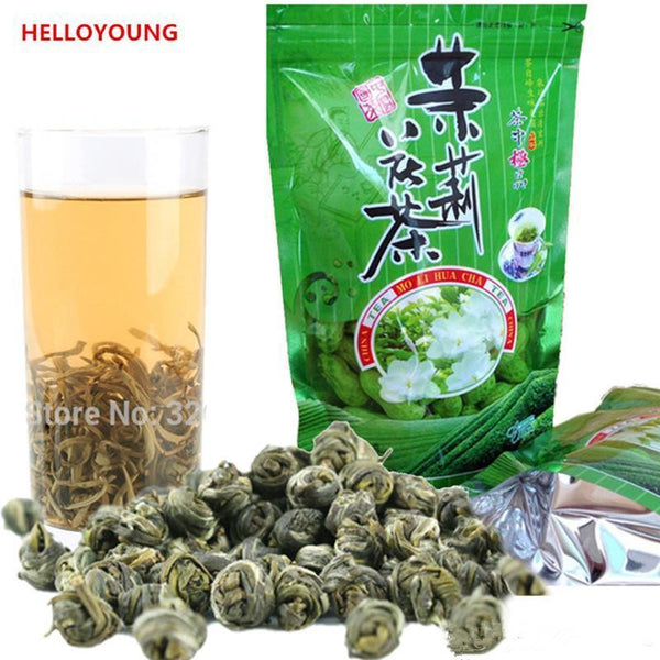 HelloYoung Tea daily wellness green tea featuring premium jasmine dragon pearls in elegant product packaging.