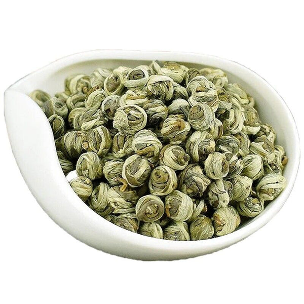 Close-up of HelloYoung Tea packaging for Jasmine Green Tea Pearls, highlighting the natural herbal tea classification.