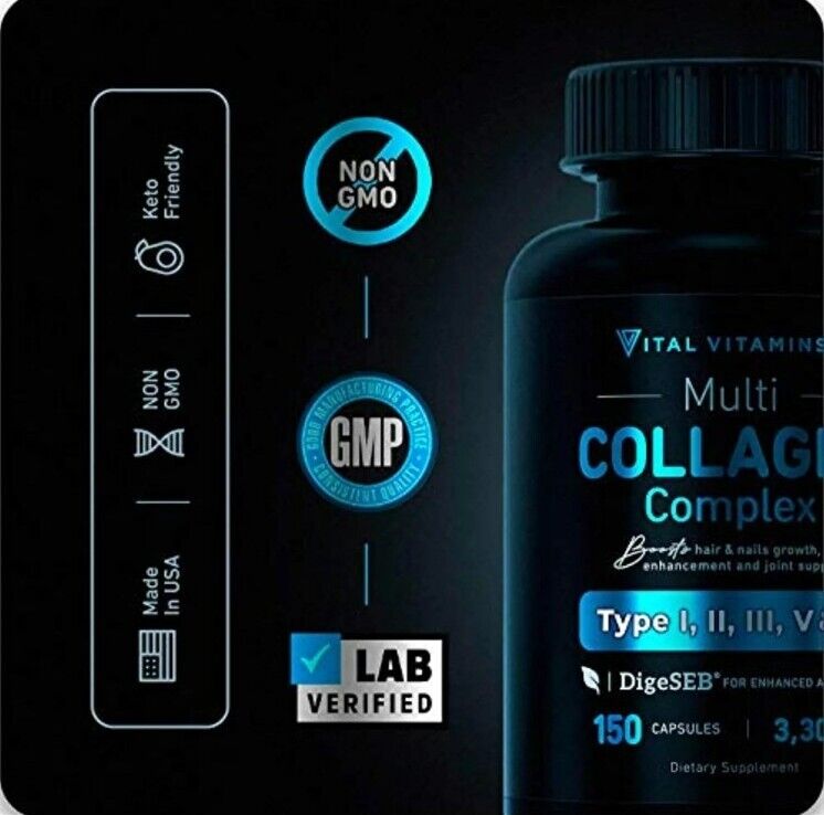 3-PACK Vital Vitamins Multi Collagen Complex - Type I, II, III, V, X, Grass Fed