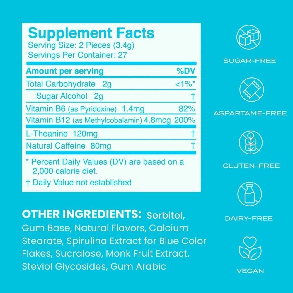 Energy Caffeine GUM(90 Pieces)- Sugar Free with L-theanine + Caffeine