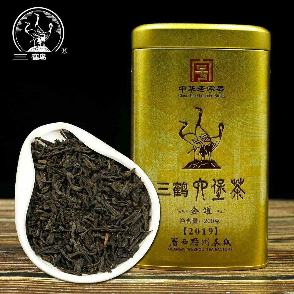HelloYoung Three Cranes Loose Dark Tea Guangxi Liupao Box Tea Hei Cha Golden Jar 200g