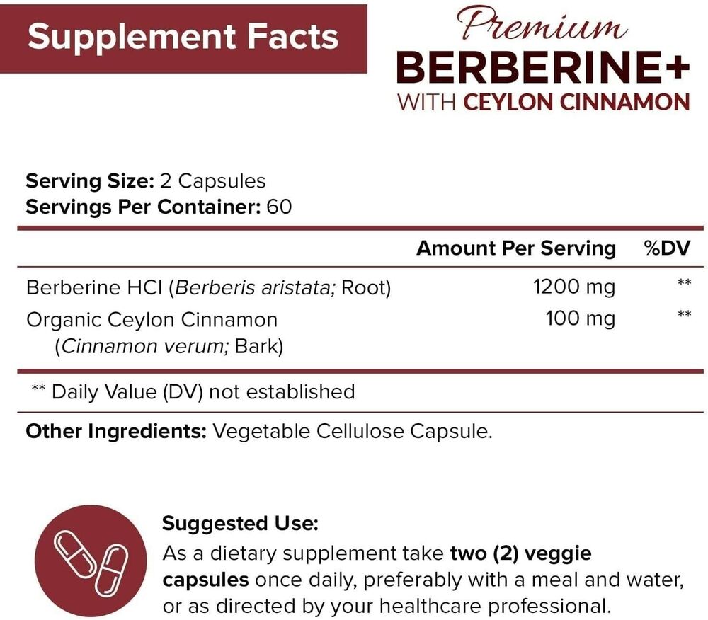 Premium Berberine HCL Pills 1200mg Plus Organic Ceylon Cinnamon - 120 Capsules