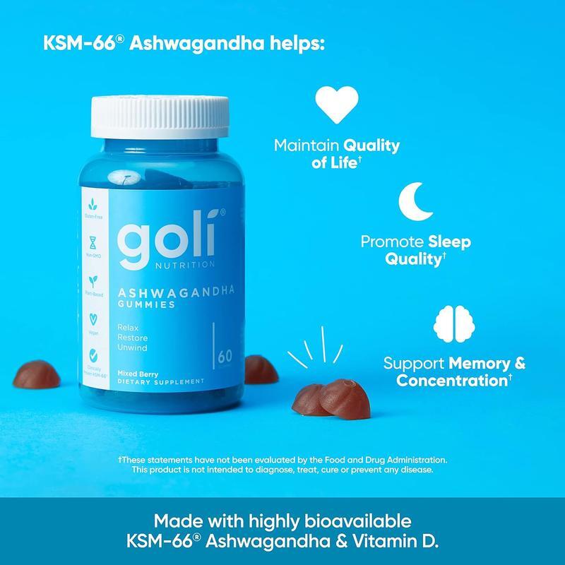 3 PCS! Goli Nutrition Ashwagandha Gummies Mixed Berry 60 Count Gummies-USA