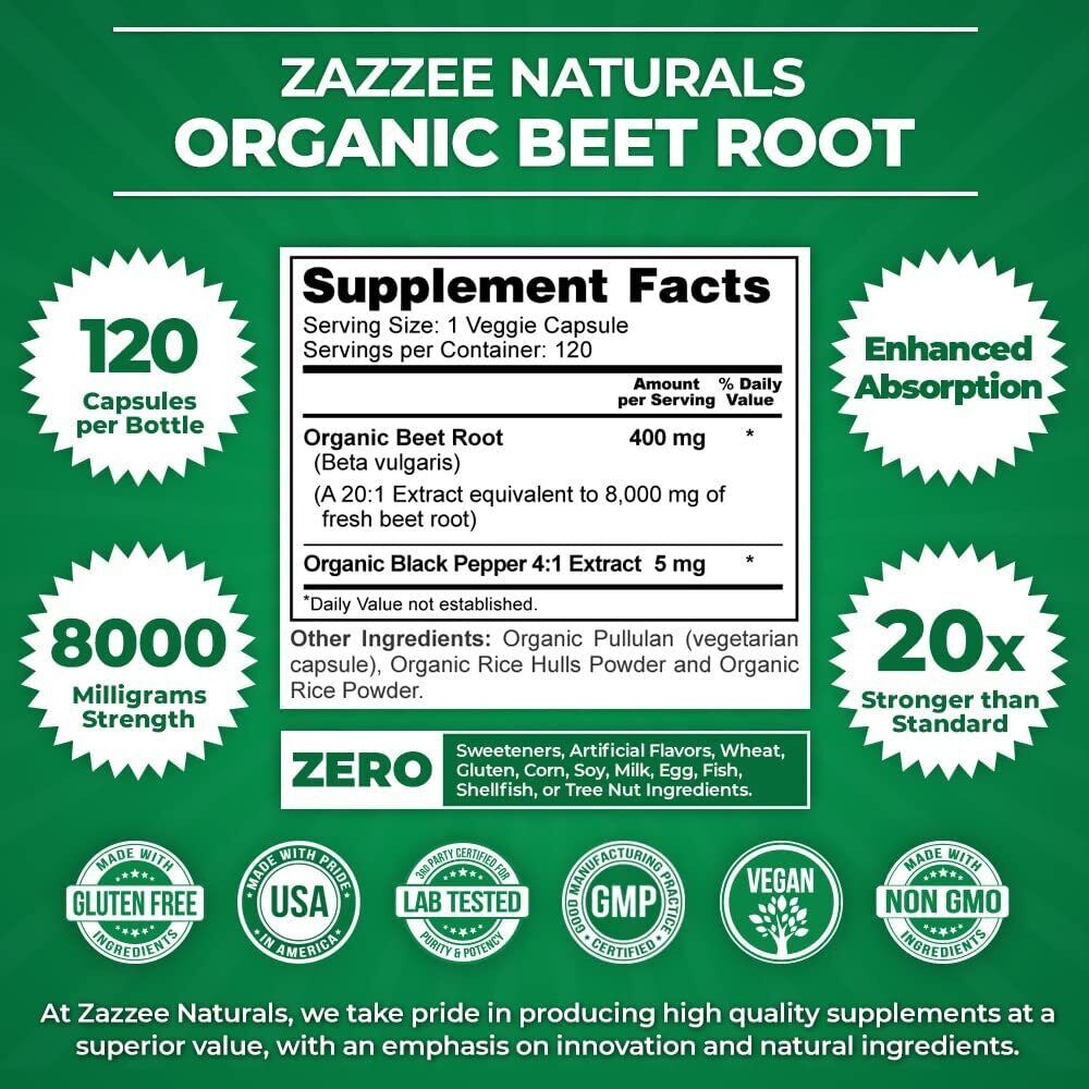 USDA Organic Extra Strength Beet Root 20:1 Extract 8000 mg Strength 120 Capsules