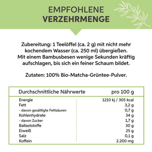 Bio Matcha Pulver Tee 250g | Premium Matchapulver | 100% ohne Zusätze | Grüntee