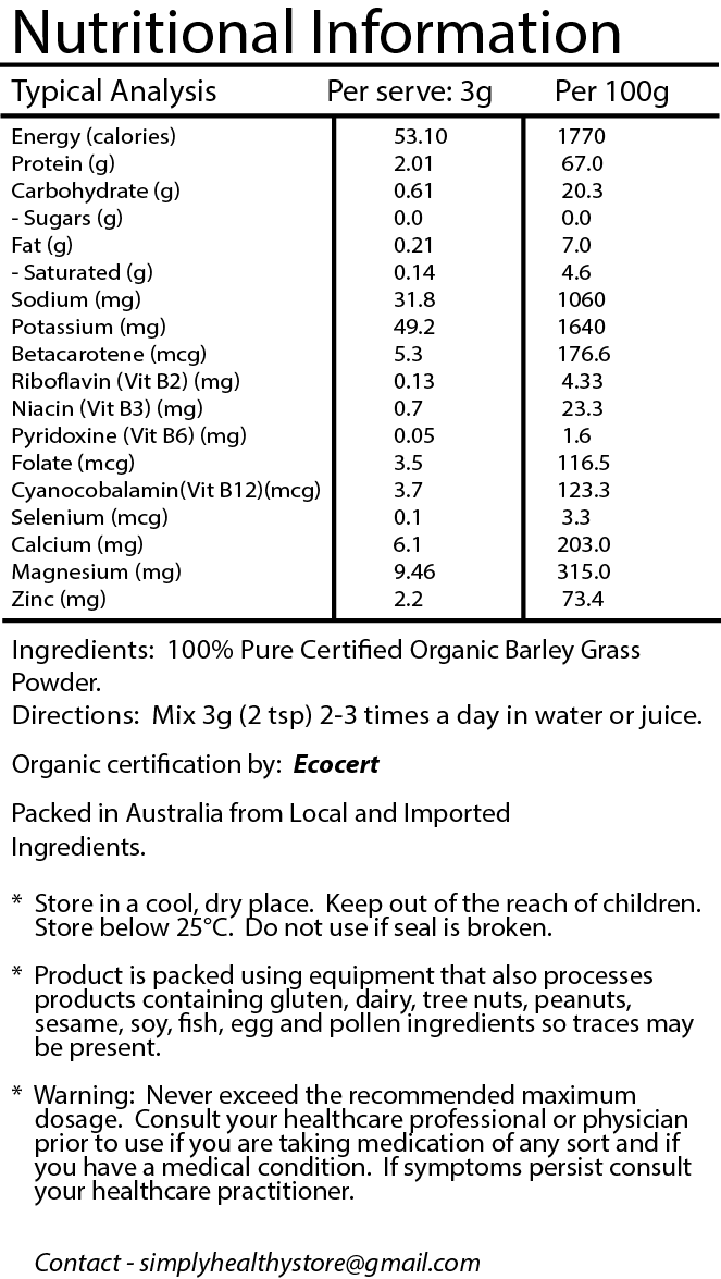 Organic Barley Grass Powder, Cert Organic 1Kg, Best Available Promotion