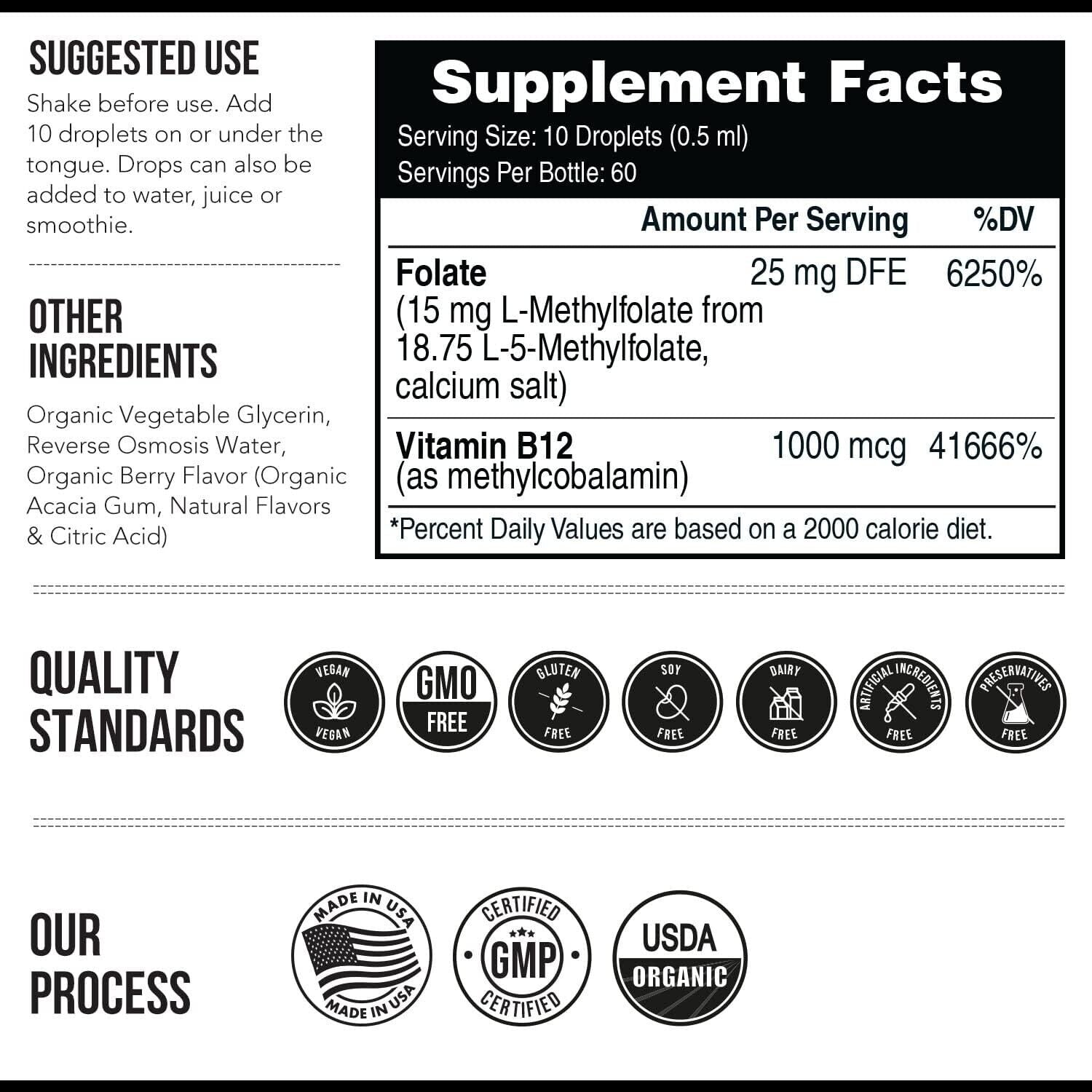 L-Methyl Folate 15mg + Methyl B12 Cofactor - Organic Berry Flavor