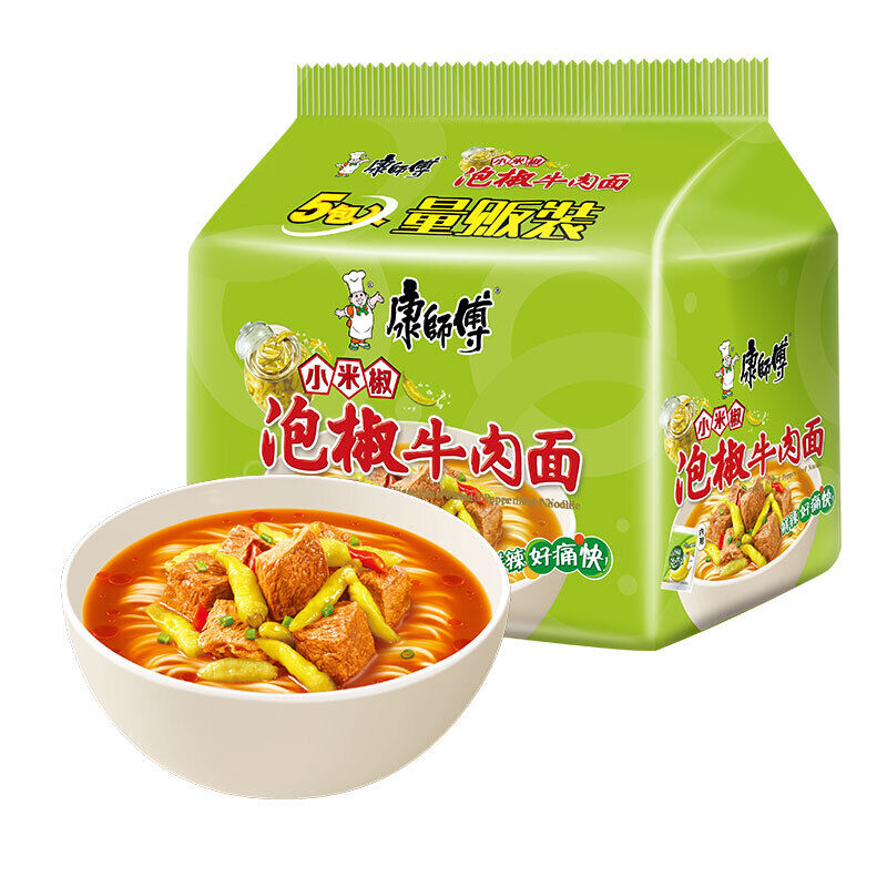 5Bags Kangshifu Pickled Pepper Beef Instant Noodles Chinese Food 康师傅泡椒牛肉面5连包 Main image