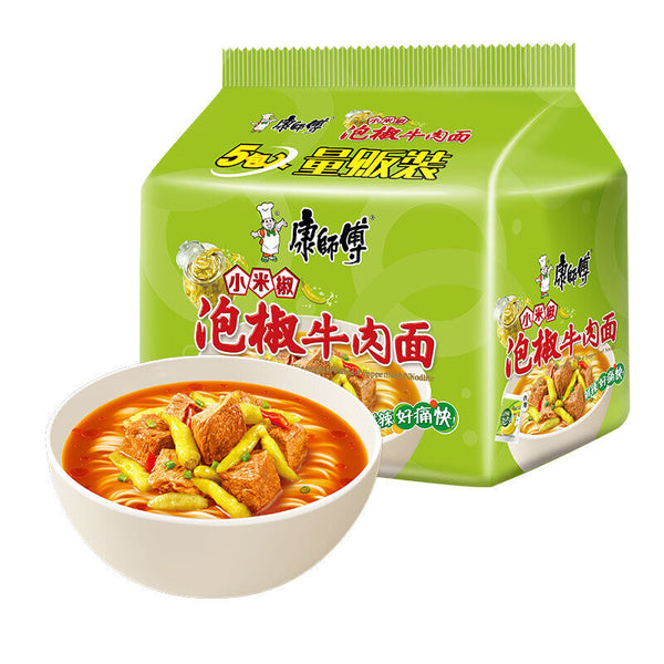 5Bags Kangshifu Pickled Pepper Beef Instant Noodles Chinese Food 康师傅泡椒牛肉面5连包
