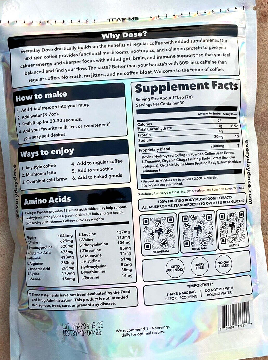 NEW SEALED Everyday Dose Mushroom Coffee Collagen for FOCUS,MOOD 210 gr / 7.4 oz