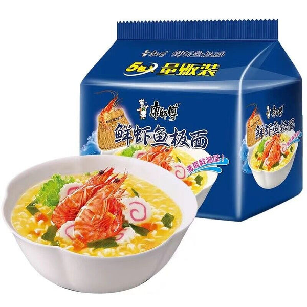5bags Kangshifu Fresh Shrimp & Fish Instant Noodles Chinese Food 康师傅鲜虾鱼板面5连包