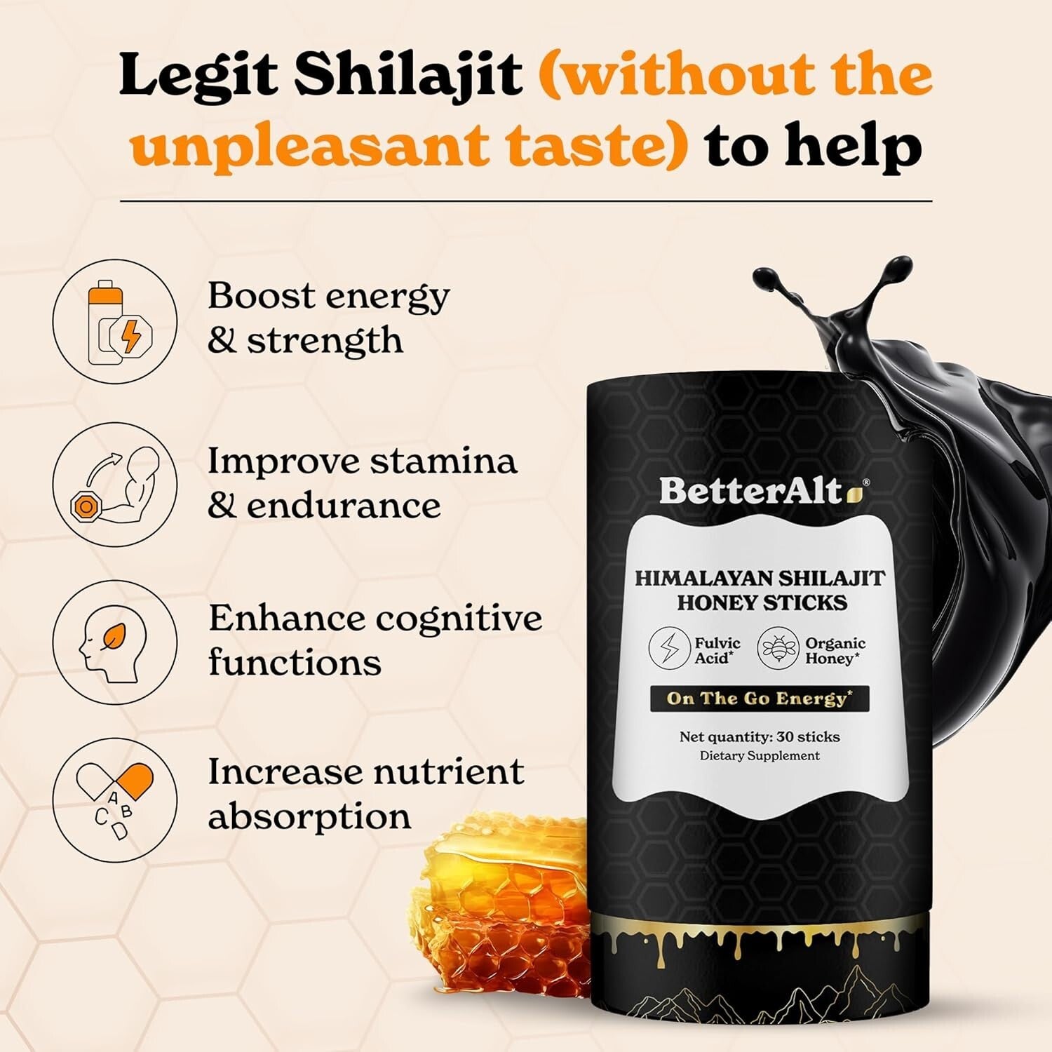 Better Alt Pure Himalayan Shilajit Sticks with Organic Honey, Naturally Sweeter