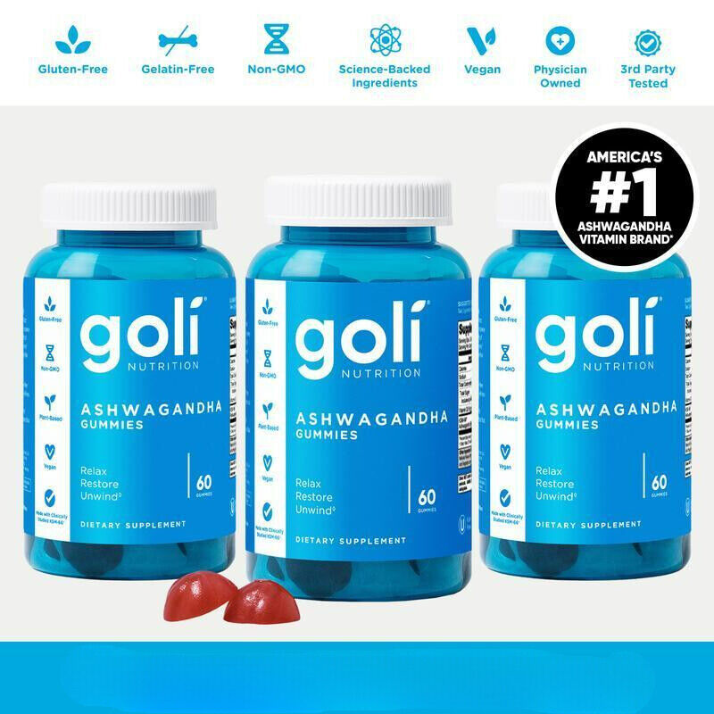 3 PCS! Goli Nutrition Ashwagandha Gummies Mixed Berry 60 Count Gummies-USA