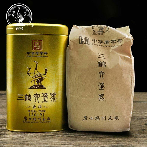 HelloYoung Three Cranes Loose Dark Tea Guangxi Liupao Box Tea Hei Cha Golden Jar 200g