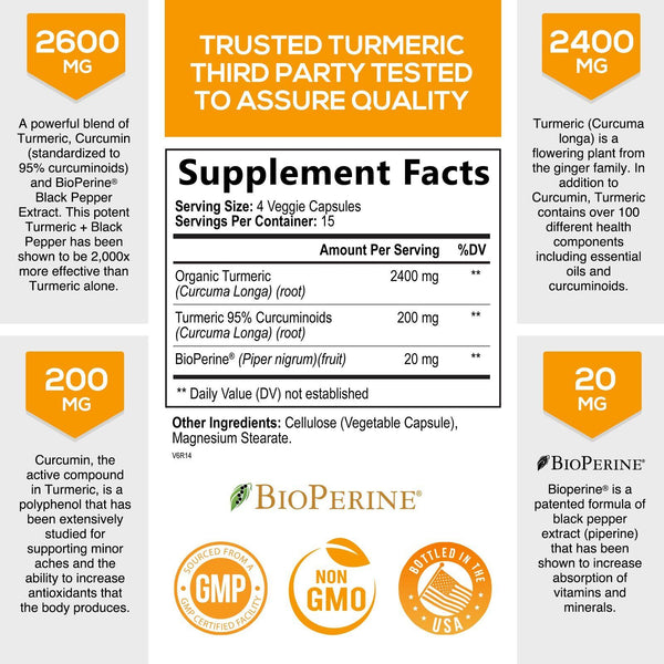 Turmeric Curcumin with Bioperine 2600mg High Absorption Triple Strength Capsules