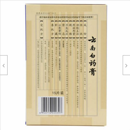YNBY Gao Huo Xue San Yu Xiao Zhong Zhi Tong云南白药膏活血散瘀消肿止痛膏跌打损伤风湿疼痛贴15片/盒
